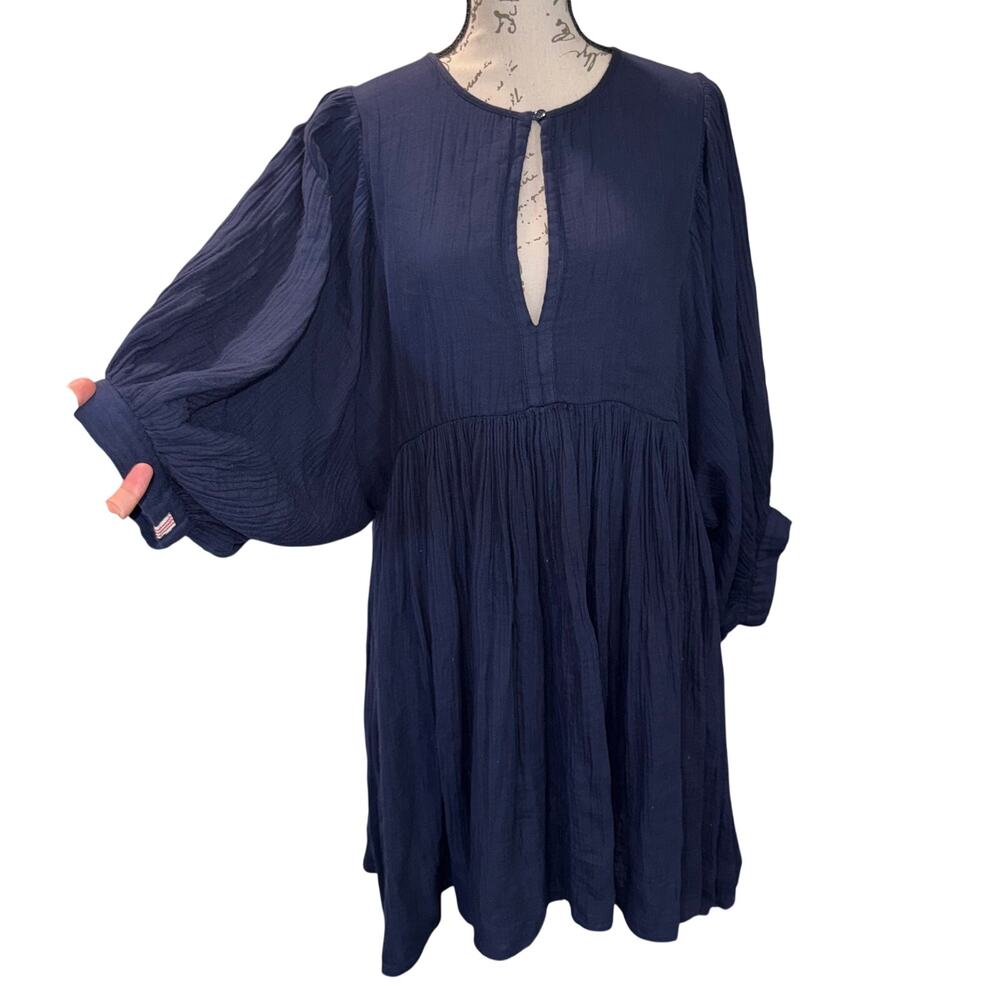 Sundry Navy Cotton Dress Empire Waist Bishop Sleeve Keyhole Flowy Lagenlook L